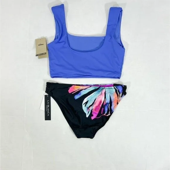 Nike Swim NWT Sz L Pacific Blue Fitted Crop Top & La Blanca Prism Palm Buttom - Picture 3 of 8